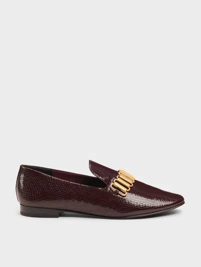 Charles & Keith - Snake-print Metallic-accent Loafers In Burgundy