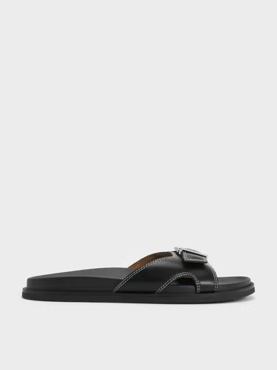 Charles & Keith - Stitch-trim Buckled Slides In Black