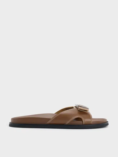 Charles & Keith - Stitch-trim Buckled Slides In Brown