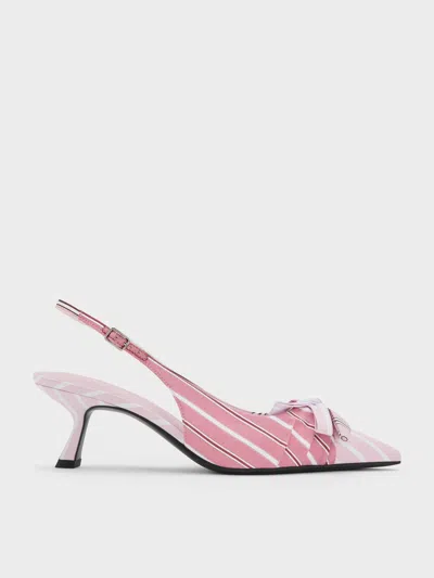 Charles & Keith - Striped Knot-bow Pointed Slingback Pumps In Pink