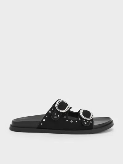 Charles & Keith - Studded Buckled Double-strap Slides In Black