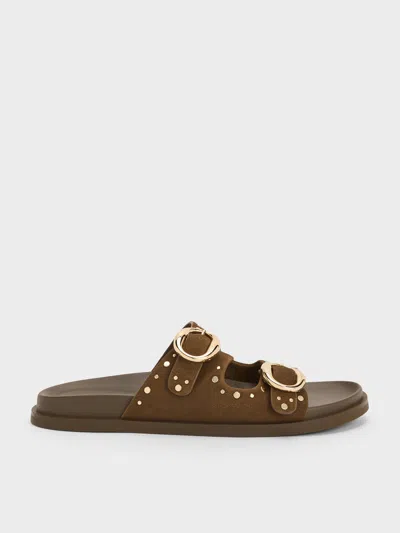 Charles & Keith - Studded Buckled Double-strap Slides In Brown