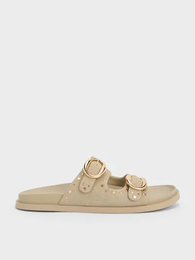 Charles & Keith - Studded Buckled Double-strap Slides In Sand