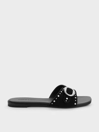 Charles & Keith - Studded Buckled Slide Sandals In Black