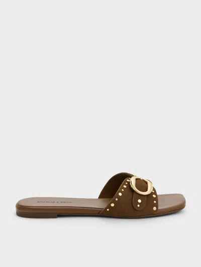 Charles & Keith - Studded Buckled Slide Sandals In Brown