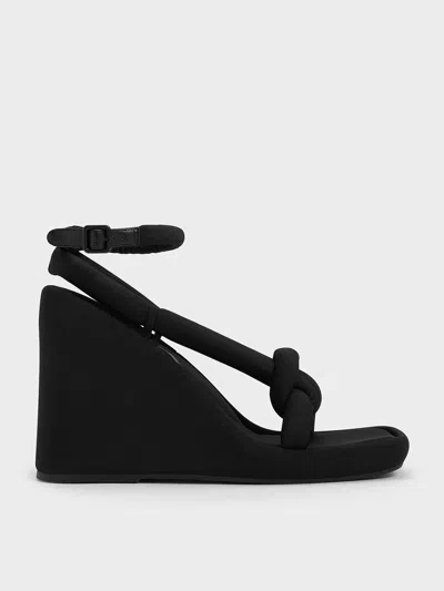 Charles & Keith Toni Knotted Puffy-strap Wedges In Black Textured