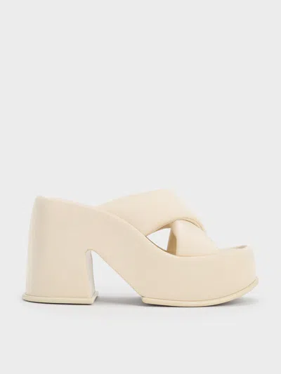 Charles & Keith Toni Puffy-strap Crossover Platform Mules In Chalk