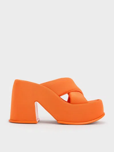 Charles & Keith Toni Puffy-strap Crossover Platform Mules In Orange