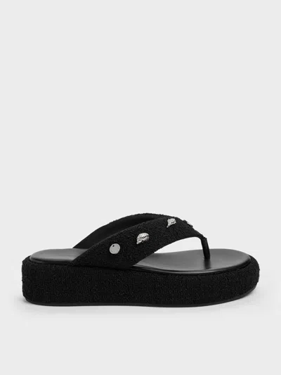 Charles & Keith - Tweed Beach Flatform Thong Sandals In Black