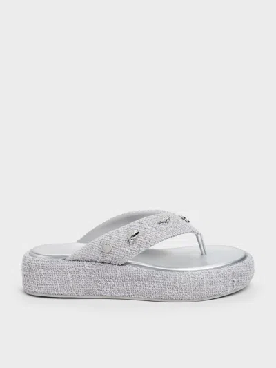 Charles & Keith - Tweed Beach Flatform Thong Sandals In Silver