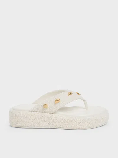 Charles & Keith - Tweed Beach Flatform Thong Sandals In White