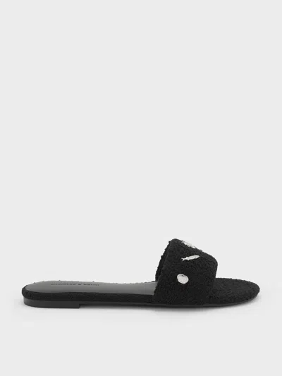 Charles & Keith - Tweed Beach Slide Sandals In Black