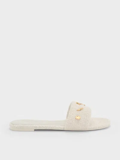 Charles & Keith - Tweed Beach Slide Sandals In White