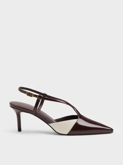 Charles & Keith - Two-tone Pointed Slingback Pumps In Burgundy