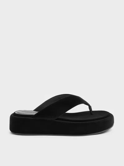 Charles & Keith - Velvet Flatform Thong Sandals In Black