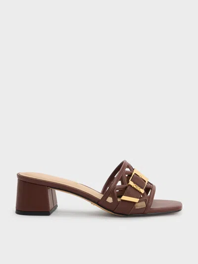 Charles & Keith - Whitney Leather Cut-out Heeled Mules In Burgundy