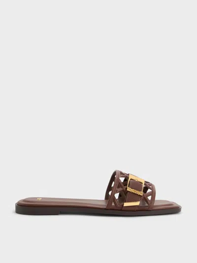Charles & Keith - Whitney Leather Cut-out Slide Sandals In Brown