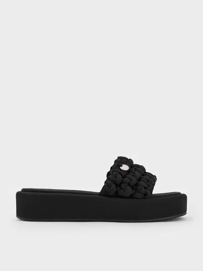 Charles & Keith Woven Flatform Sandals In Black Textured