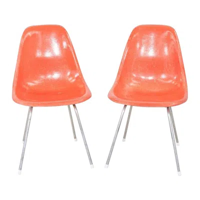 Pre-owned Charles And Ray Eames 1958 Pair Of Herman Miller Eames Fiberglass Dining Shell Chair W/ Chrome H Base In Orange