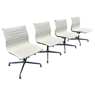Pre-owned Charles And Ray Eames 4 Eames Aluminum Group Side Chairs Vicenza Leather Cream Herman Miller 2015 In White