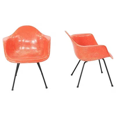 Pre-owned Charles And Ray Eames C. 1953 Pair Of Herman Miller Eames Zenith Max Fiberglass Arm Shell Chairs In Orange