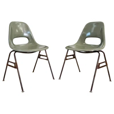 Pre-owned Charles And Ray Eames Pair Mid Century Avocado Green Fiberglass Eames Style Stacking Side Chair -2 Pcs