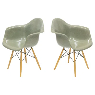 Pre-owned Charles And Ray Eames Pair Of 2nd Generation "seafoam" Fiberglass Eames Shell Chairs By Herman Miller In Brown