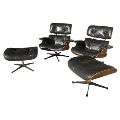 Pre-owned Charles And Ray Eames Charles & Ray Eames - Pair Of Armchairs And Ottomans In Brown