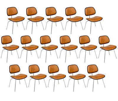 Pre-owned Charles And Ray Eames Set Of 16 Saddle Leather Dcm Chairs By Eames For Herman Miller In Brown