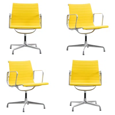 Pre-owned Charles And Ray Eames Set Of 4 Charles & Ray Eames Aluminum Group Ea107 Chairs In Yellow Fabric, Vitra