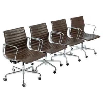 Pre-owned Charles And Ray Eames Set Of 4 Eames Office Chairs For Herman Miller, Brown Leather Aluminum Group