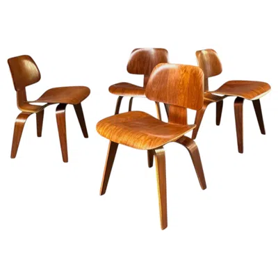 Pre-owned Charles And Ray Eames Set Of 4 Walnut Dcw Dining Chairs,  For Herman Miller 1950s In Brown