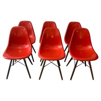 Pre-owned Charles And Ray Eames Vintage Set Of 6 Cherry Red Fiberglass Dowel Chairs By Charles & Ray Eames