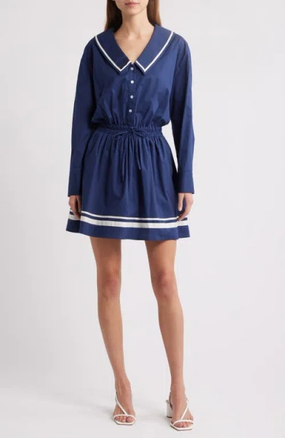 Charles Henry Border Print Long Sleeve Stretch Cotton Dress In Navy