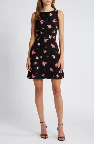 Charles Henry Floral Bow Neck Fit & Flare Minidress In Black Ditsy