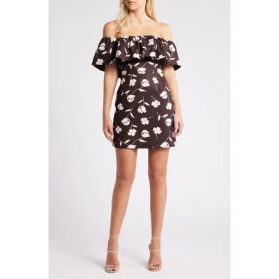 Charles Henry Floral Ruffle Off The Shoulder Minidress In Espresso Stamp Floral