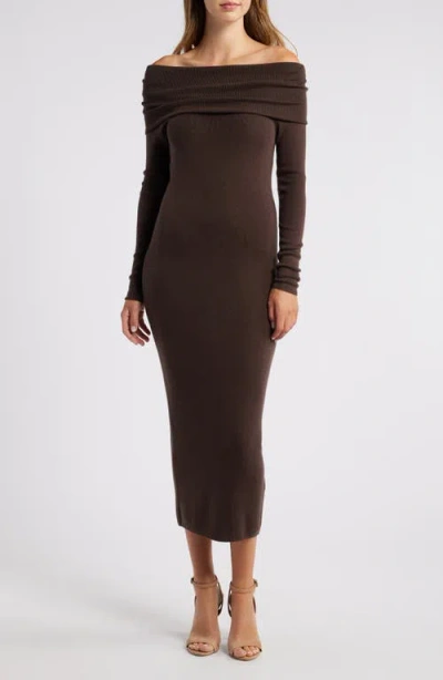 Charles Henry Off The Shoulder Long Sleeve Sweater Dress In Espresso