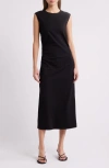 Charles Henry Ruched Sleeveless Stretch Cotton Midi Dress In Black