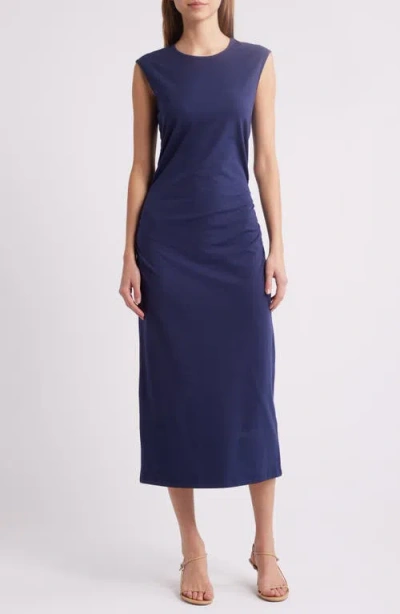 Charles Henry Ruched Sleeveless Stretch Cotton Midi Dress In Navy