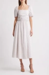 Charles Henry Stripe Ruched Waist Cotton Blend Midi Dress In Neutral