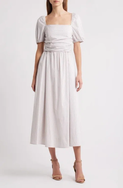 Charles Henry Stripe Ruched Waist Cotton Blend Midi Dress