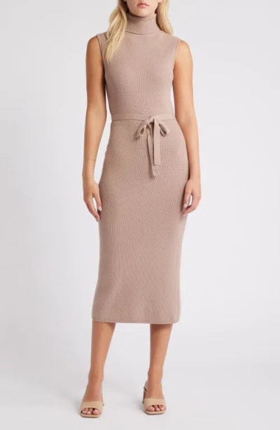 Charles Henry Turtleneck Sleeveless Rib Sweater Dress In Latte