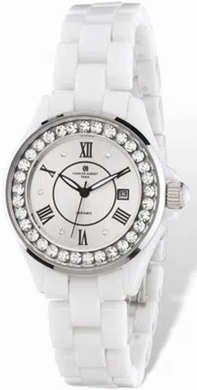 Pre-owned Charles-hubert Ladies Charles Hubert Crystal Bezel White Ceramic Watch