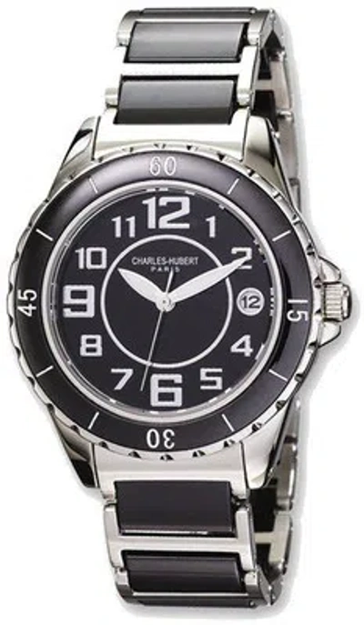 Pre-owned Charles-hubert Ladies Charles Hubert Stainless Steel And Ceramic Black Dial Watch