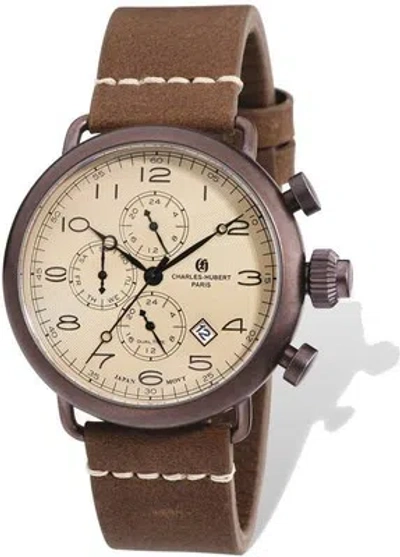 Pre-owned Charles-hubert Mens Charles Hubert Ip Brown Leather Band 46mm Dual Time Watch