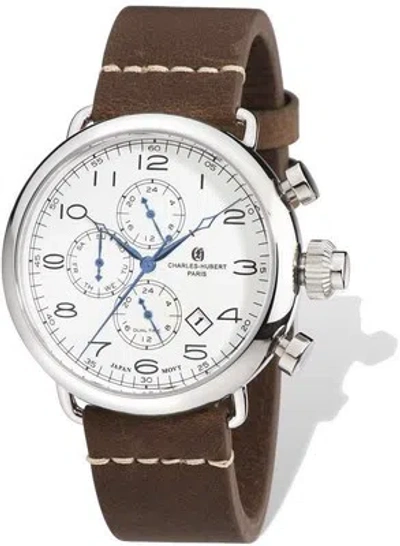 Pre-owned Charles-hubert Mens Charles Hubert Stainless Leather Band 46mm Dual Time Watch