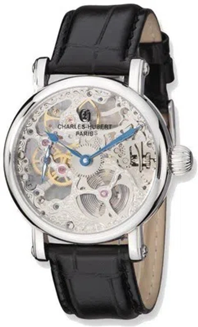Pre-owned Charles-hubert Charles Hubert Stainless Steel Black Strap Skeleton Mechanical Handwind Watch