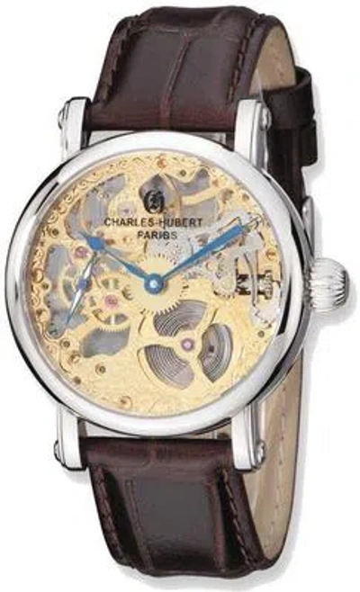 Pre-owned Charles-hubert Charles Hubert Stainless Steel Brown Strap Skeleton Mechanical Handwind Watch