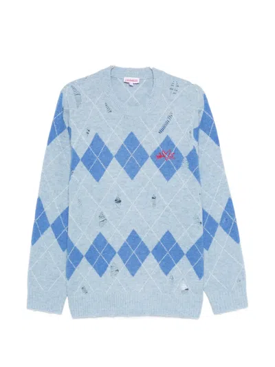 Charles Jeffrey Loverboy Argyle-pattern Distressed Sweater In Blue