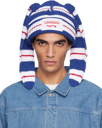 Charles Jeffrey Loverboy Blue & White Chunky Rabbit Beanie